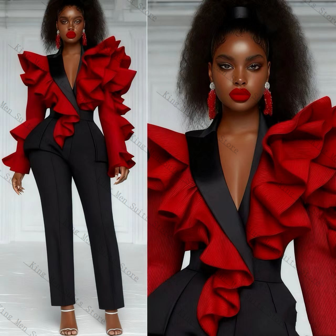 Women'S Formal Wear For A Wedding Guest - Rood Zwart Vrouwen Pak Set 2-delig
