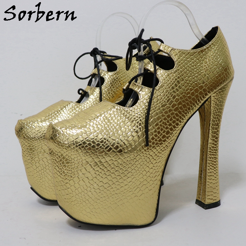 Pump Heel Block - Sorbern Goud Krokodil 20Cm Pomp Unisex