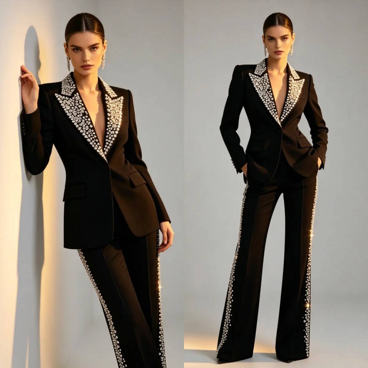 Women'S Formal Wear Plus Size - Mode Kristallen 2-delige pakken met piekreversjas