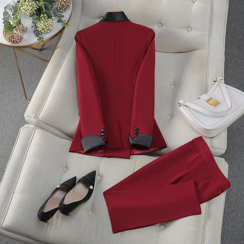 Women'S Formal Day Wear - Elegant rood zwart dames broekpak kantoor